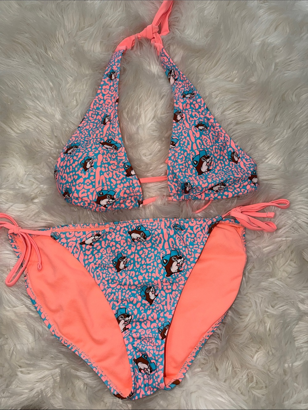 Buc-ee’s Pink and Blue Tie-Side Bikini Set with Signature Print